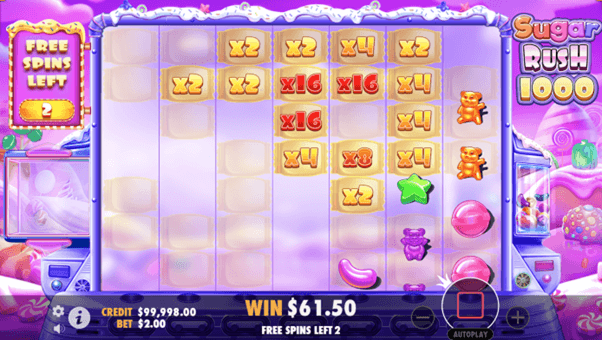 Sugar Rush 1000 Glücksspieler bedienen Reihen leuchtender Spielautomaten in einem Kasino